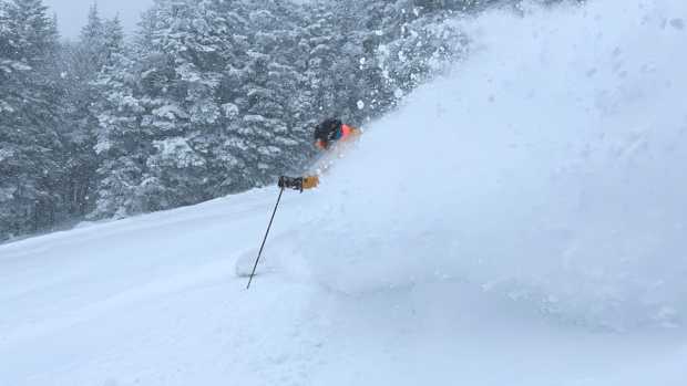 Swiss Skier Doesn't Turn Through Narrow Chute - Powder