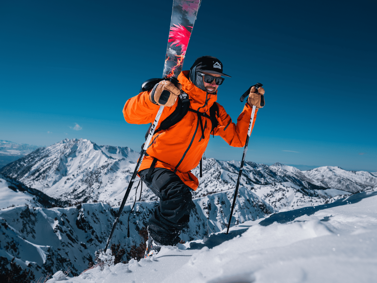 pro skier cliff jump, extreme skiing, winter mountain panorama