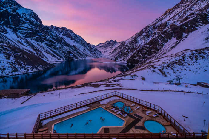 Spa Ski Portillo and Inca Lake at sunset